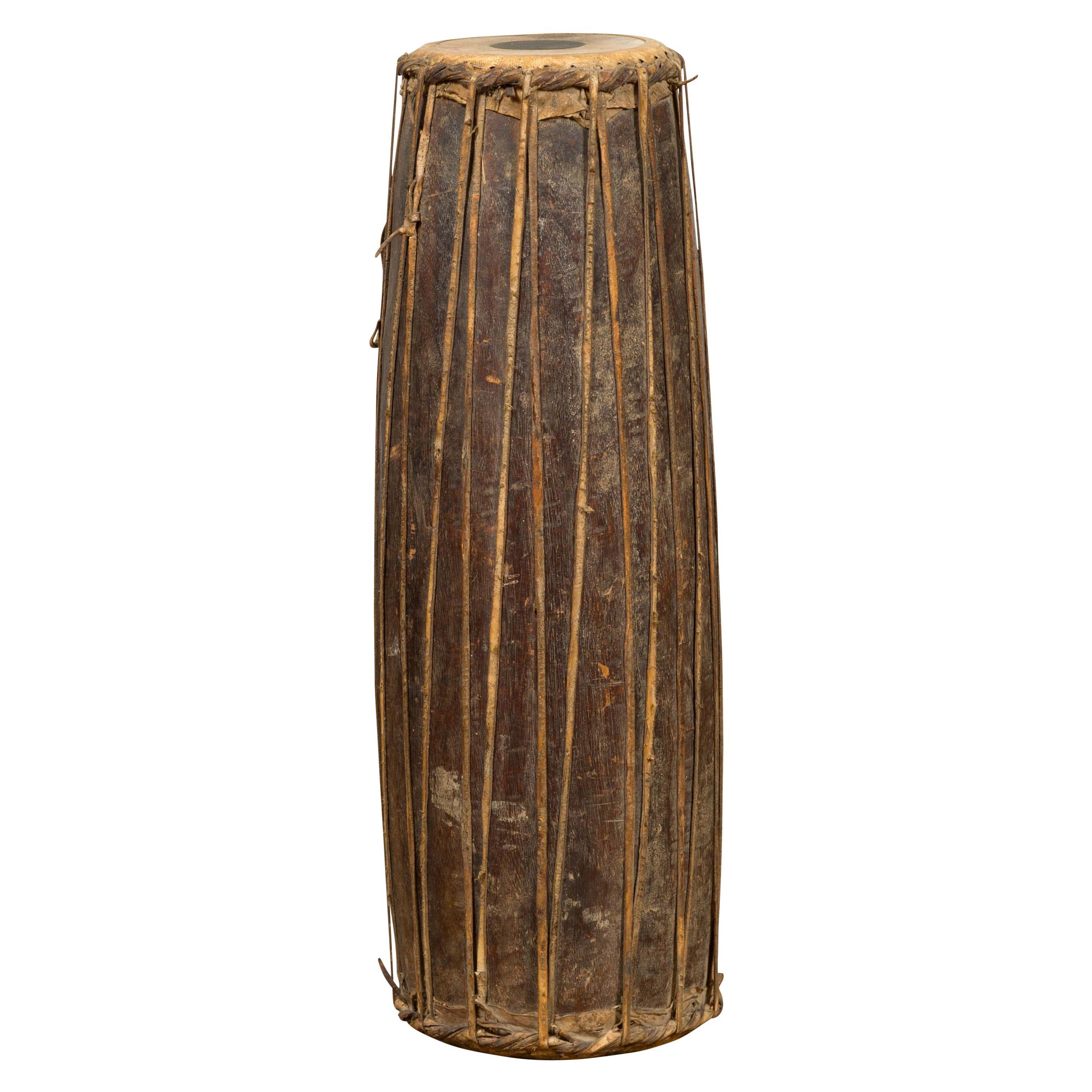 Sculptural Antique Folk Freestanding Wooden Drum with Leather Drumhead