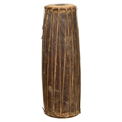 Sculptural Antique Folk Freestanding Wooden Drum with Leather Drumhead