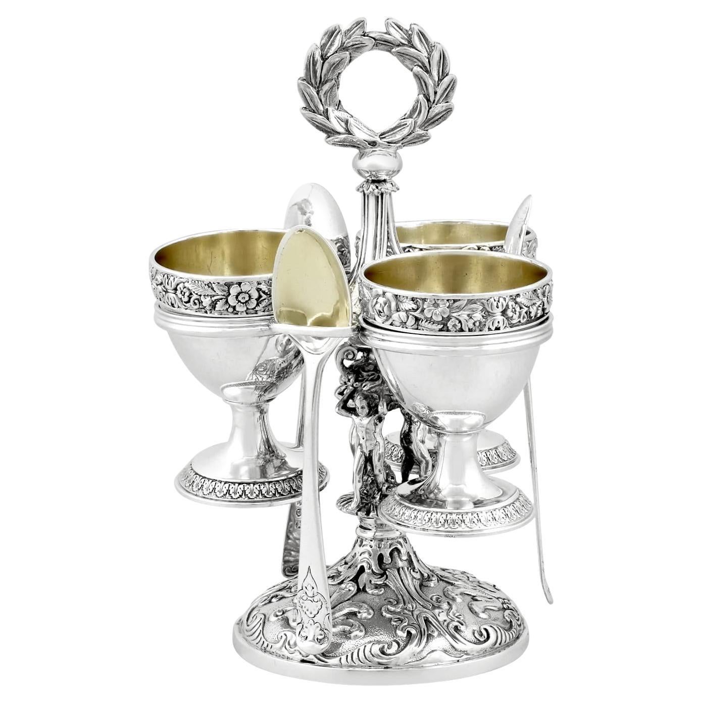 Ensemble de brochettes à œufs anciennes en argent sterling pour trois personnes en vente