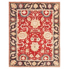 Red Background Vintage Indian Agra Rug. Size: 7 ft 9 in x 10 ft
