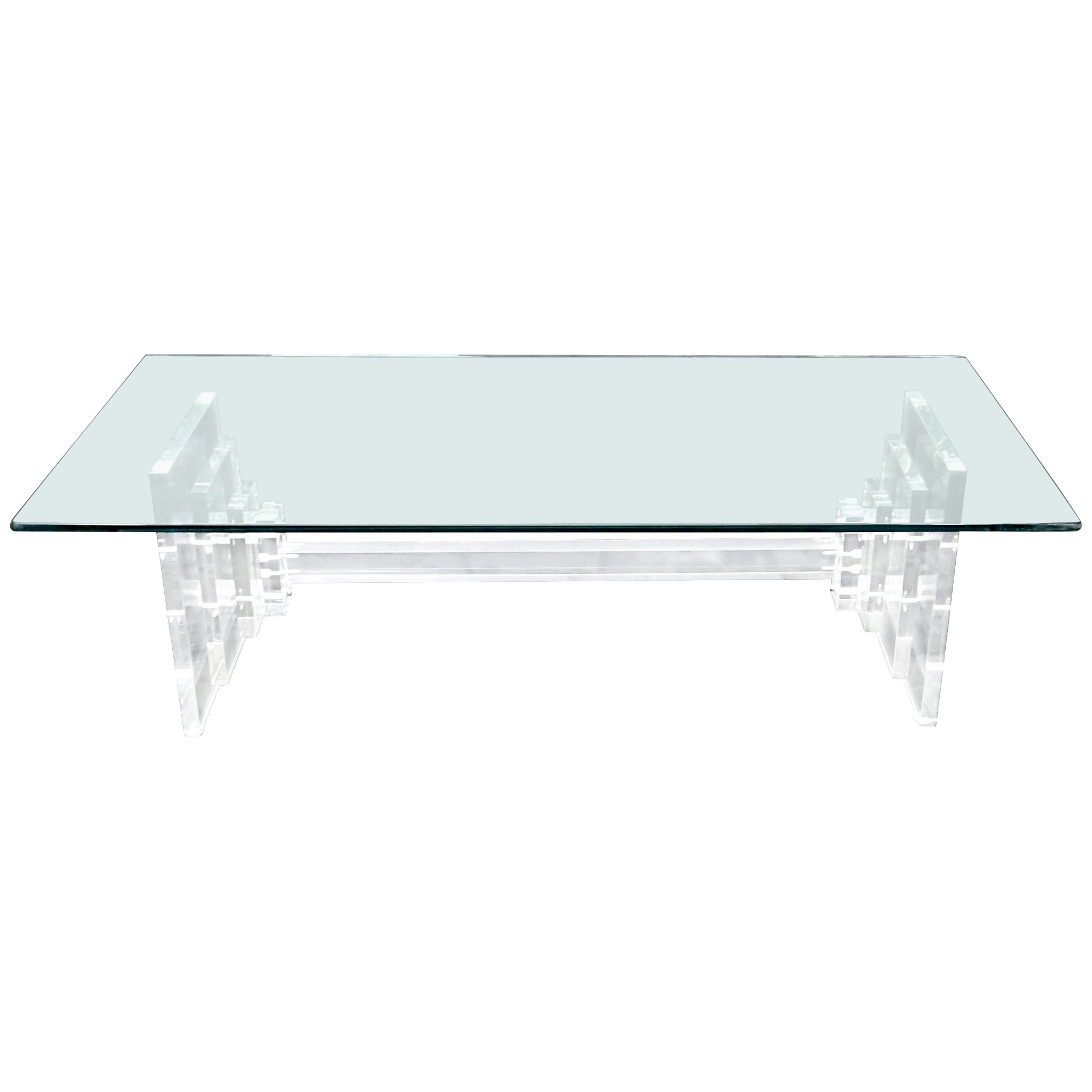Stacked Lucite Base Rectangular Glass Top Coffee Table