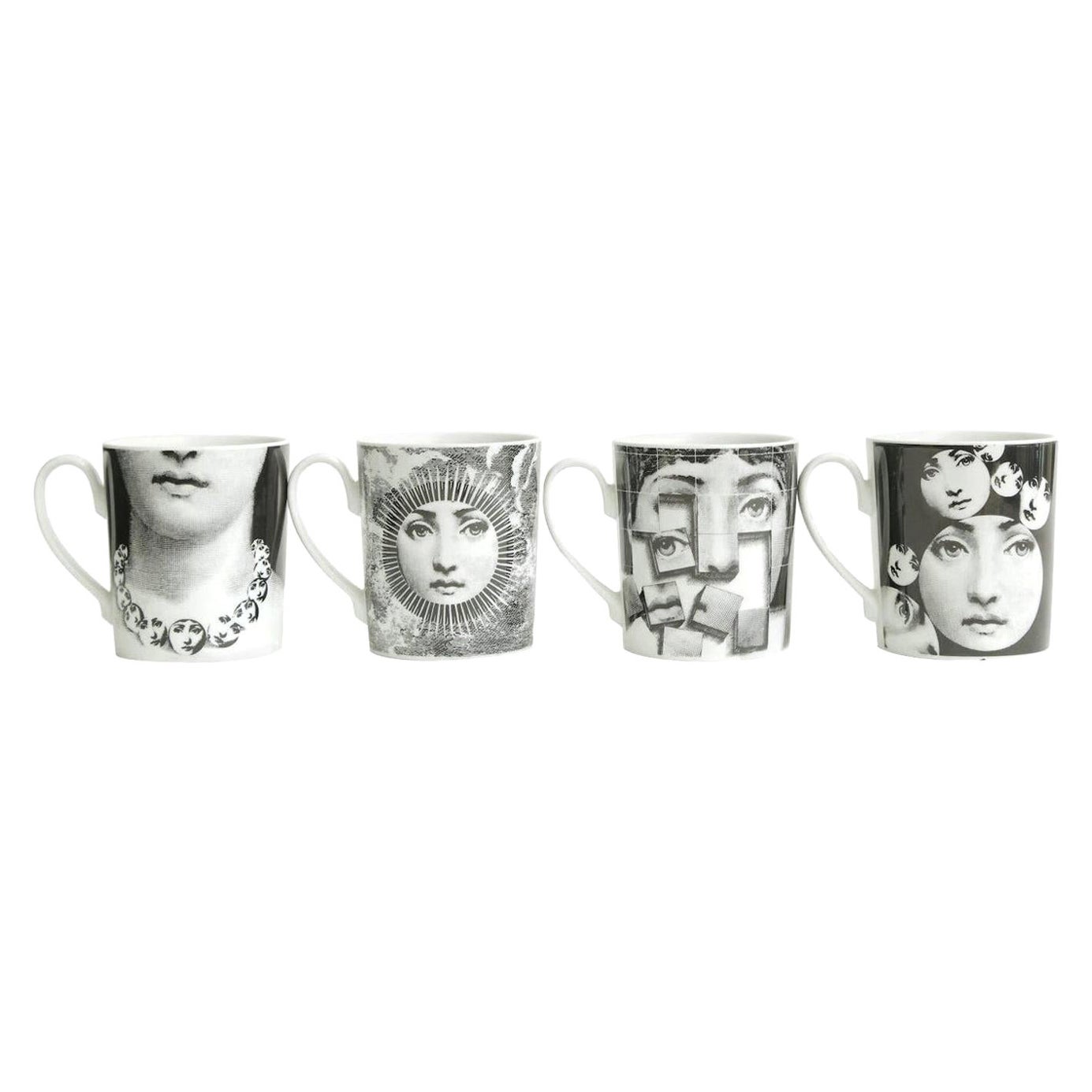 Piero Fornasetti for Rosenthal Lina Porcelain Coffee or Tea Mugs Vintage Set /4