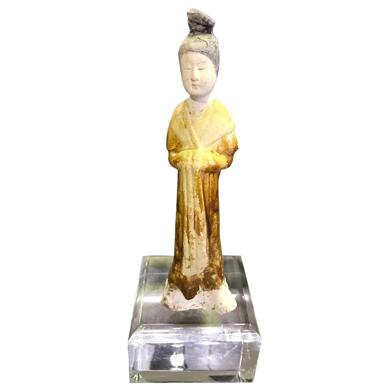 Chinese Pottery Ceramic Glazed Mud Figure of Court Lady Tang Dynasty with Stand For Sale