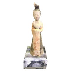 Antique Chinese Pottery Ceramic Glazed Mud Figure of Court Lady Tang Dynasty with Stand