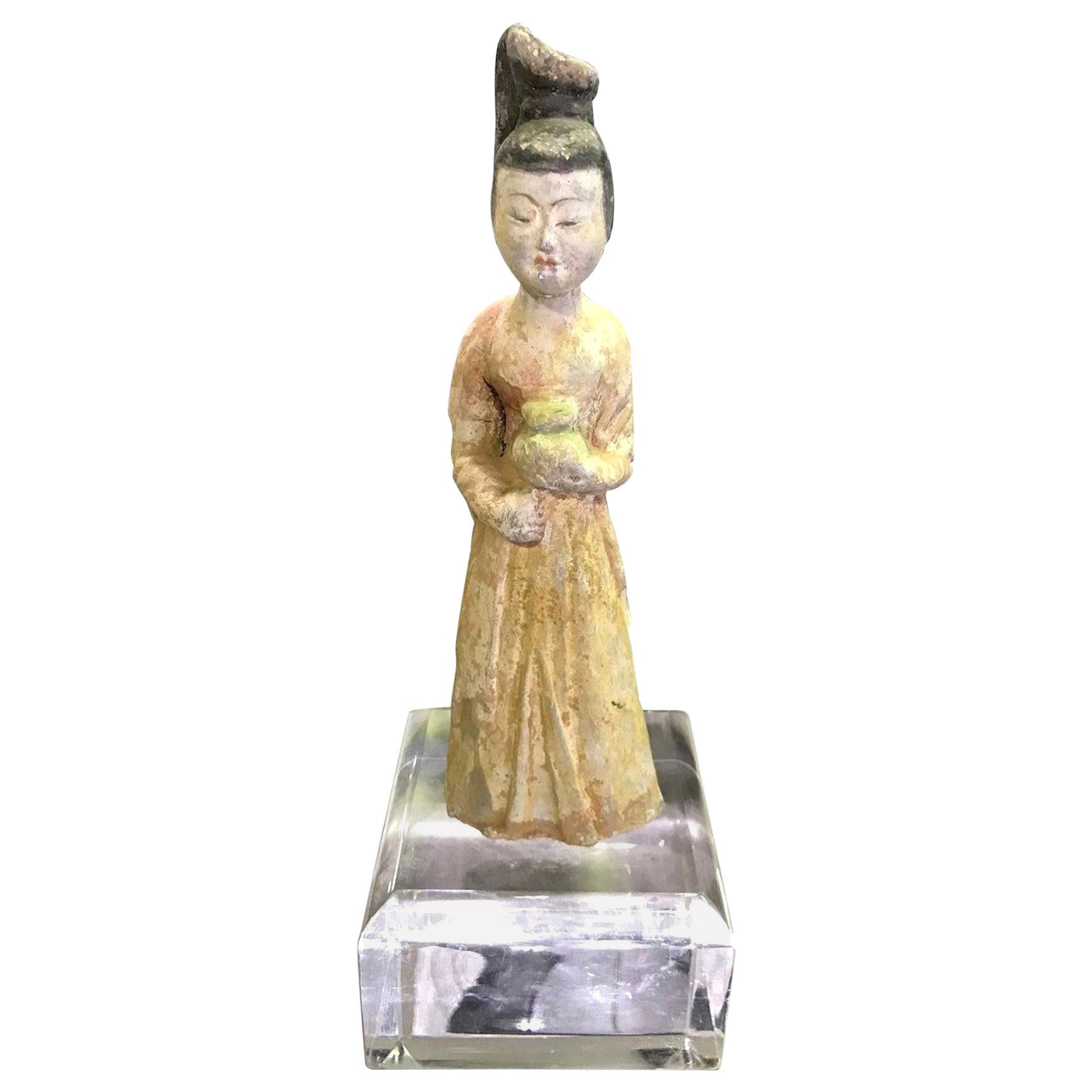 Chinese Pottery Ceramic Glazed Mud Figure of Court Lady Tang Dynasty with Stand For Sale