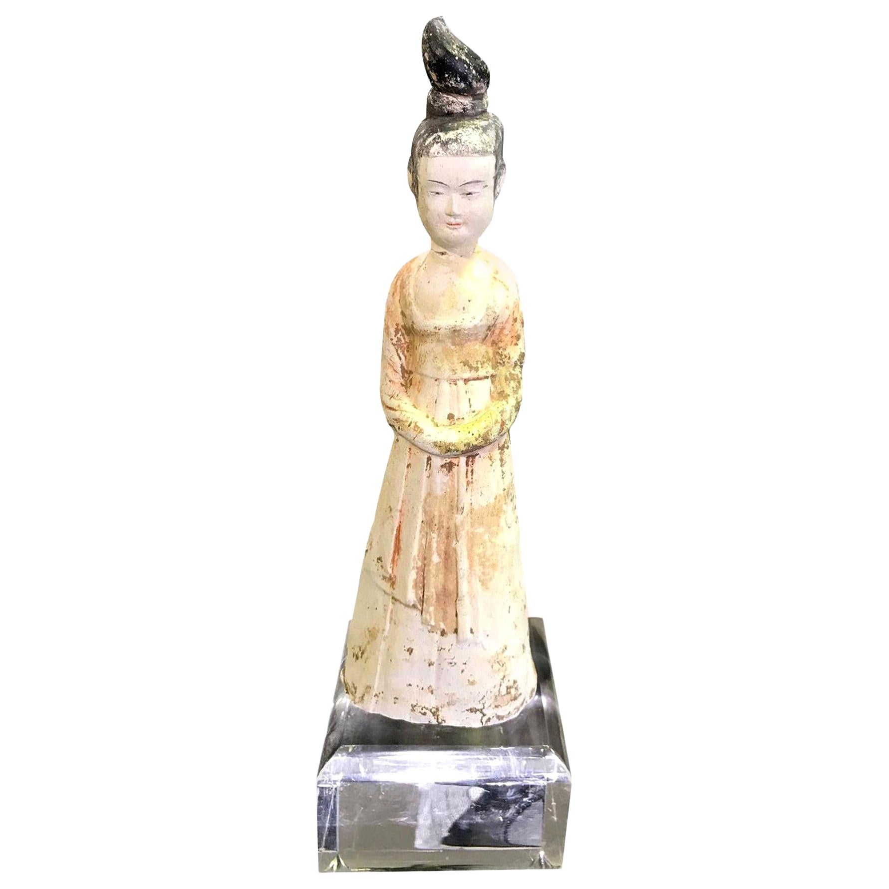 Chinese Pottery Ceramic Glazed Mud Figure of Court Lady Tang Dynasty with Stand