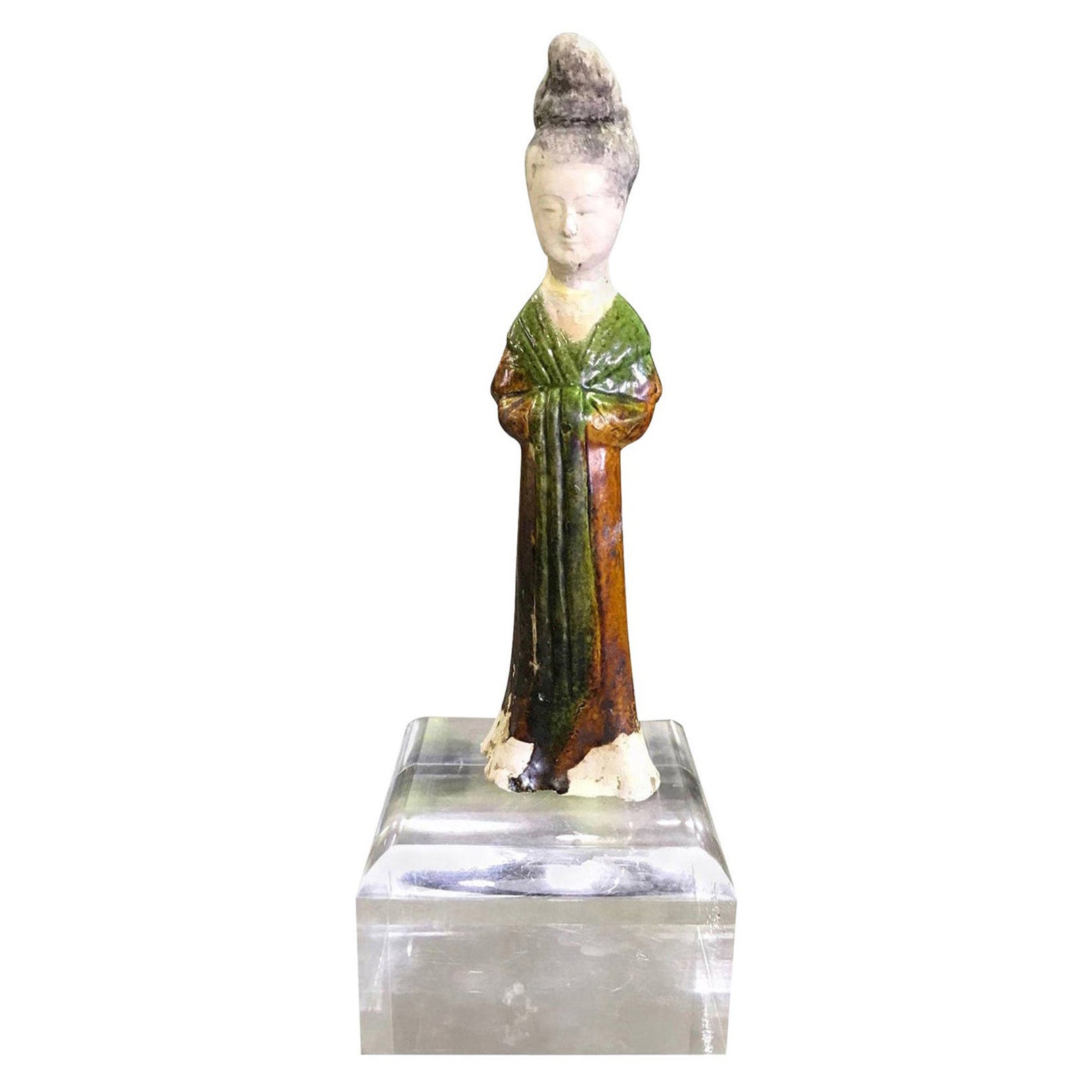 Chinese Pottery Ceramic Glazed Mud Figure of Court Lady Tang Dynasty with Stand