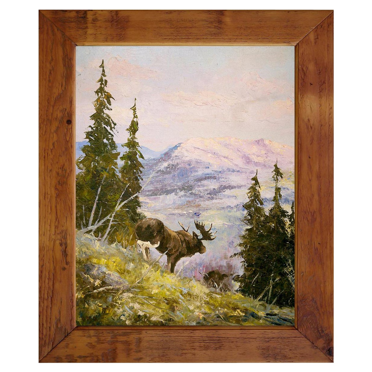 Rocky Mountains Painting with Moose Oil on Canvas, 1950 For Sale