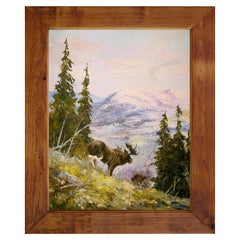 Rocky Mountains Painting with Moose Oil on Canvas, 1950