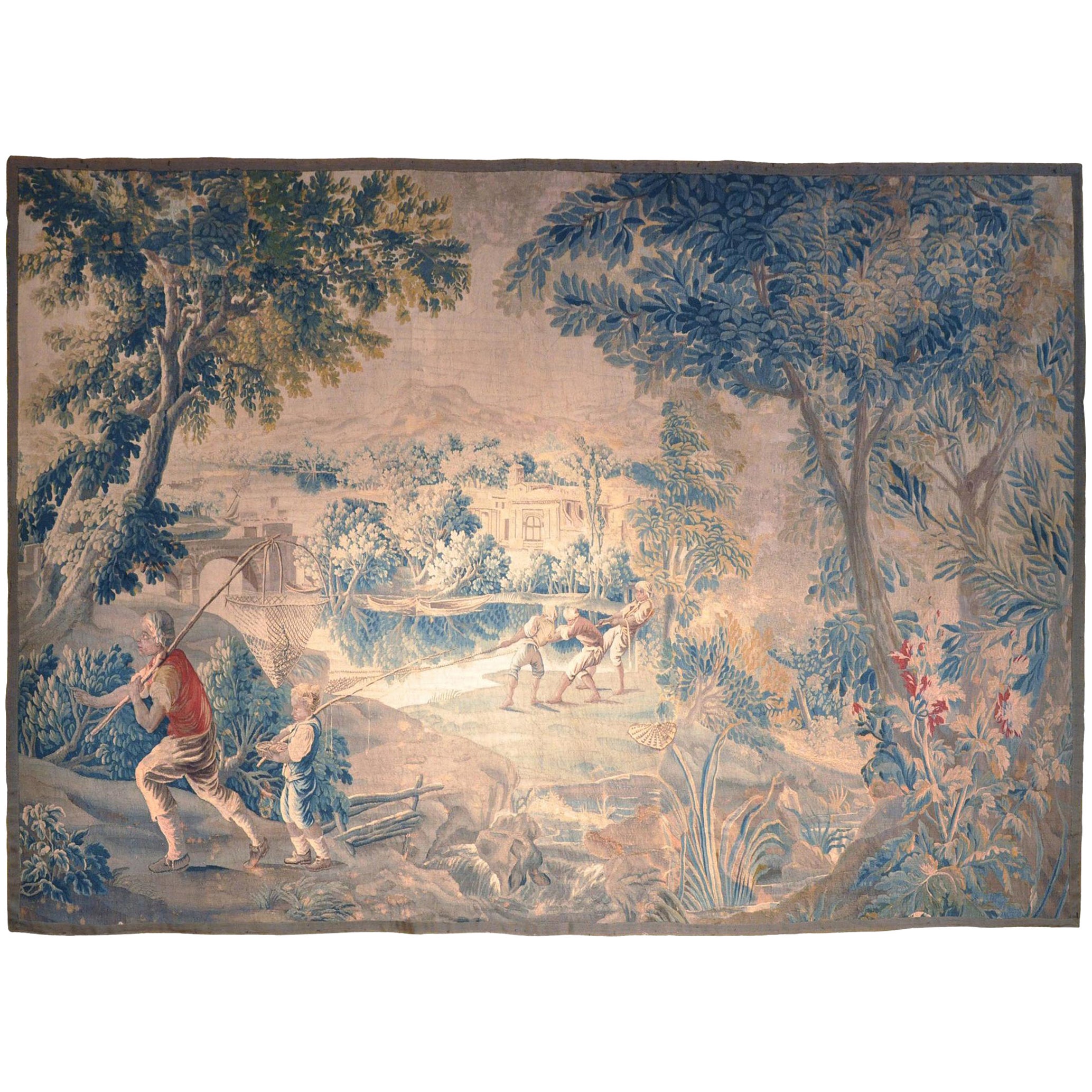 18th Century French Handwoven Aubusson Verdure Tapestry with Fishermen For Sale