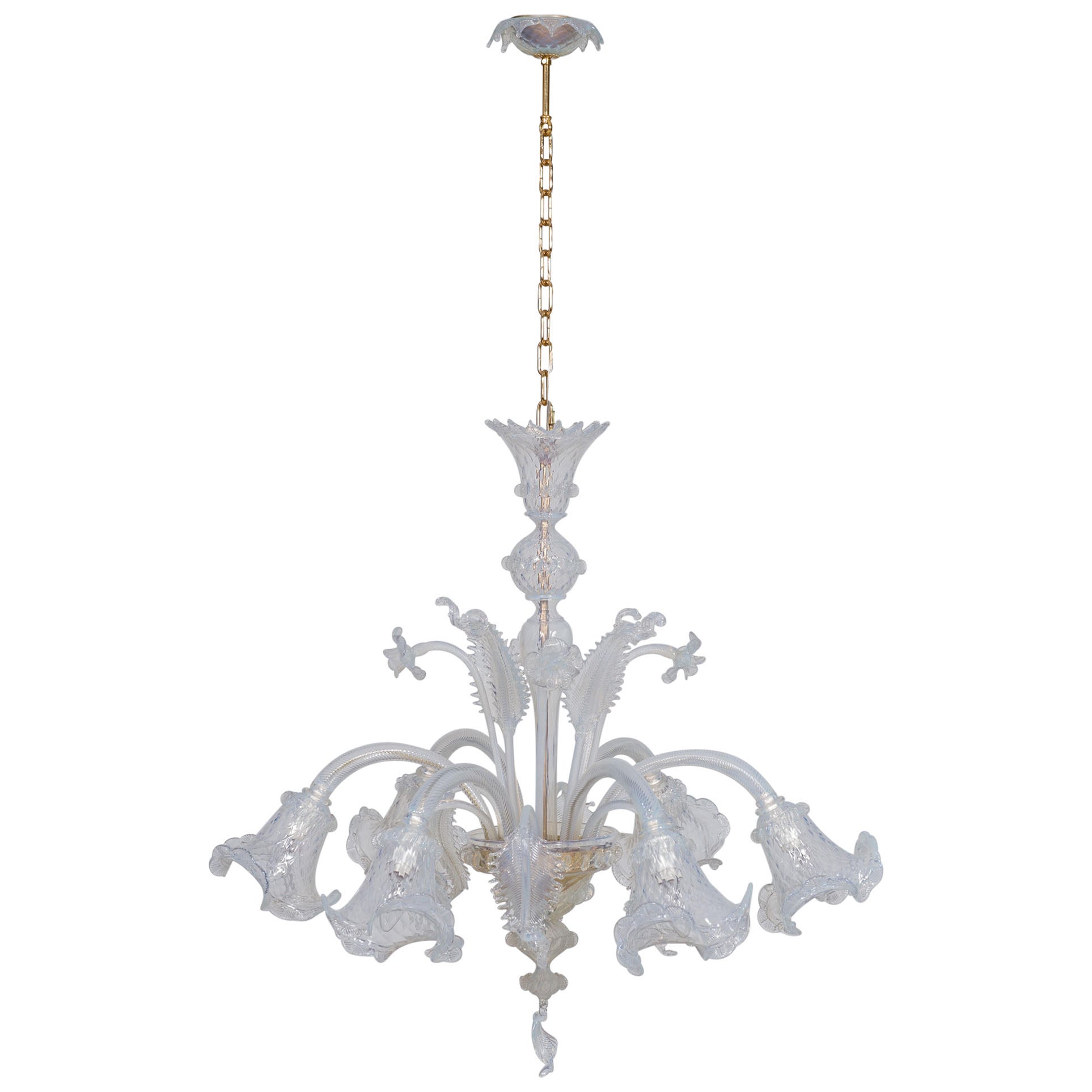 Opaline Chandelier in blown Murano Glass gold frame with flowers 1990s Italy For Sale
