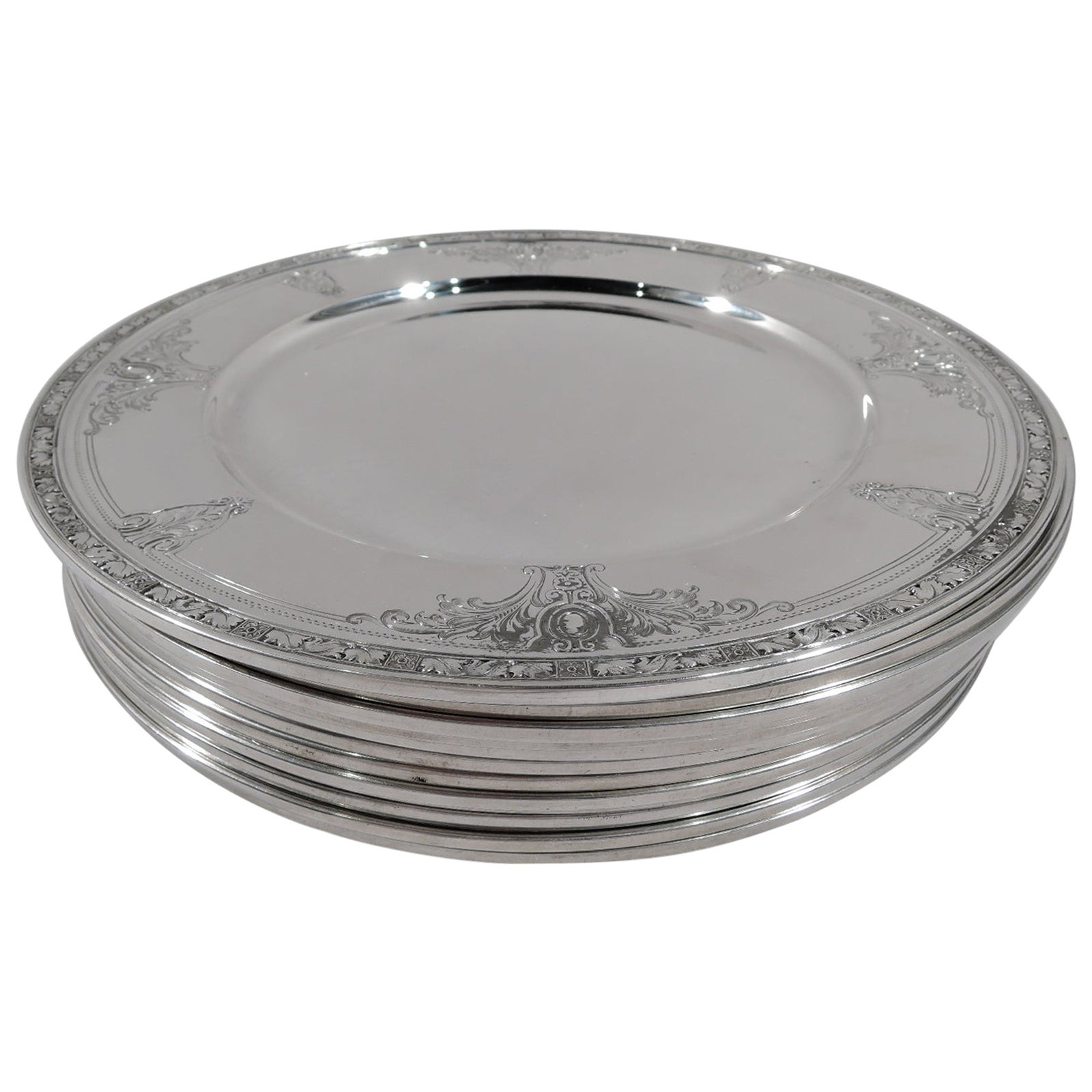 Set of 12 Antique English Sterling Silver Dinner Plates For