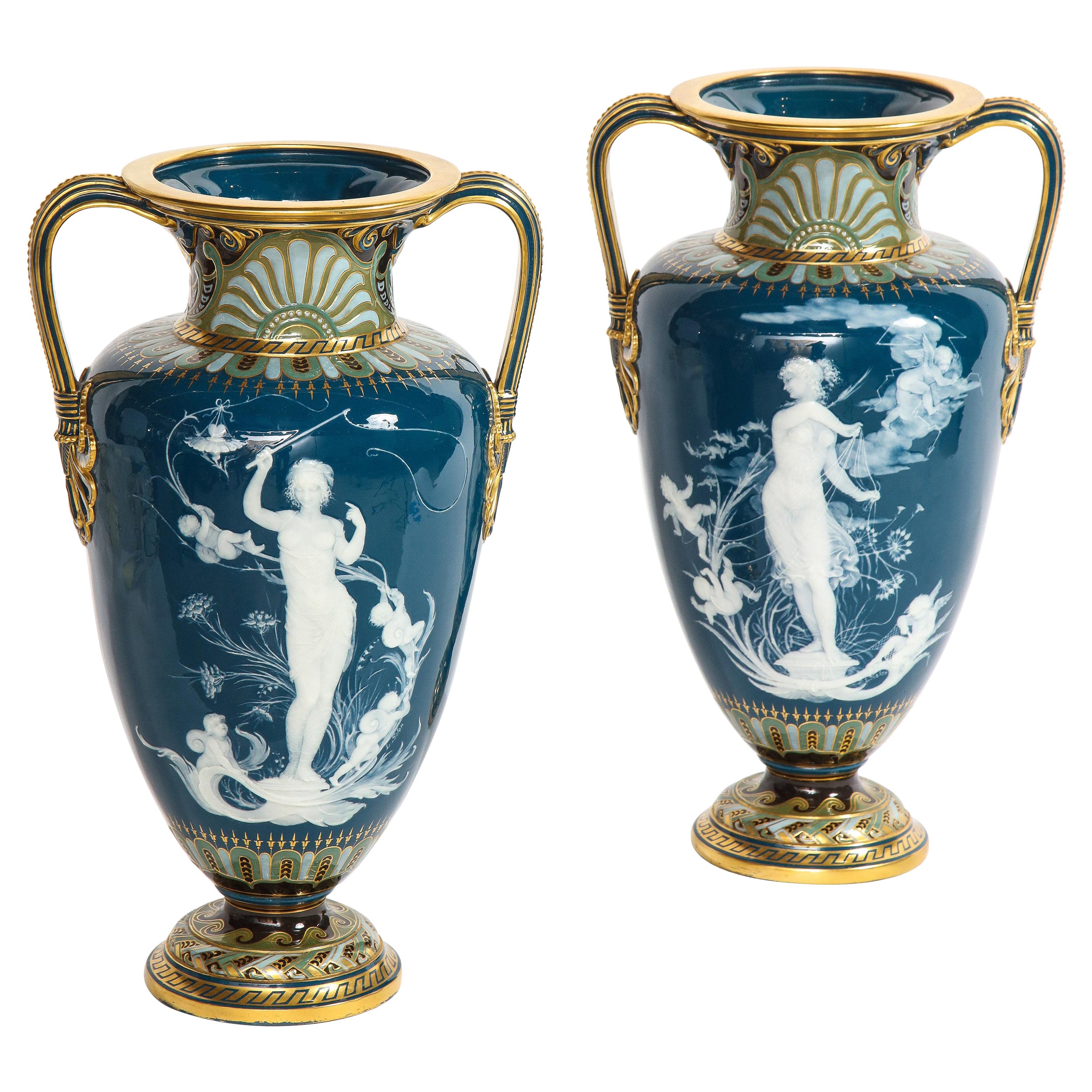 Pr. Vases à fond bleu Mintons Pâte-sur-pâte, ''Too Fast'' et ''Too Slow'', L. Solon