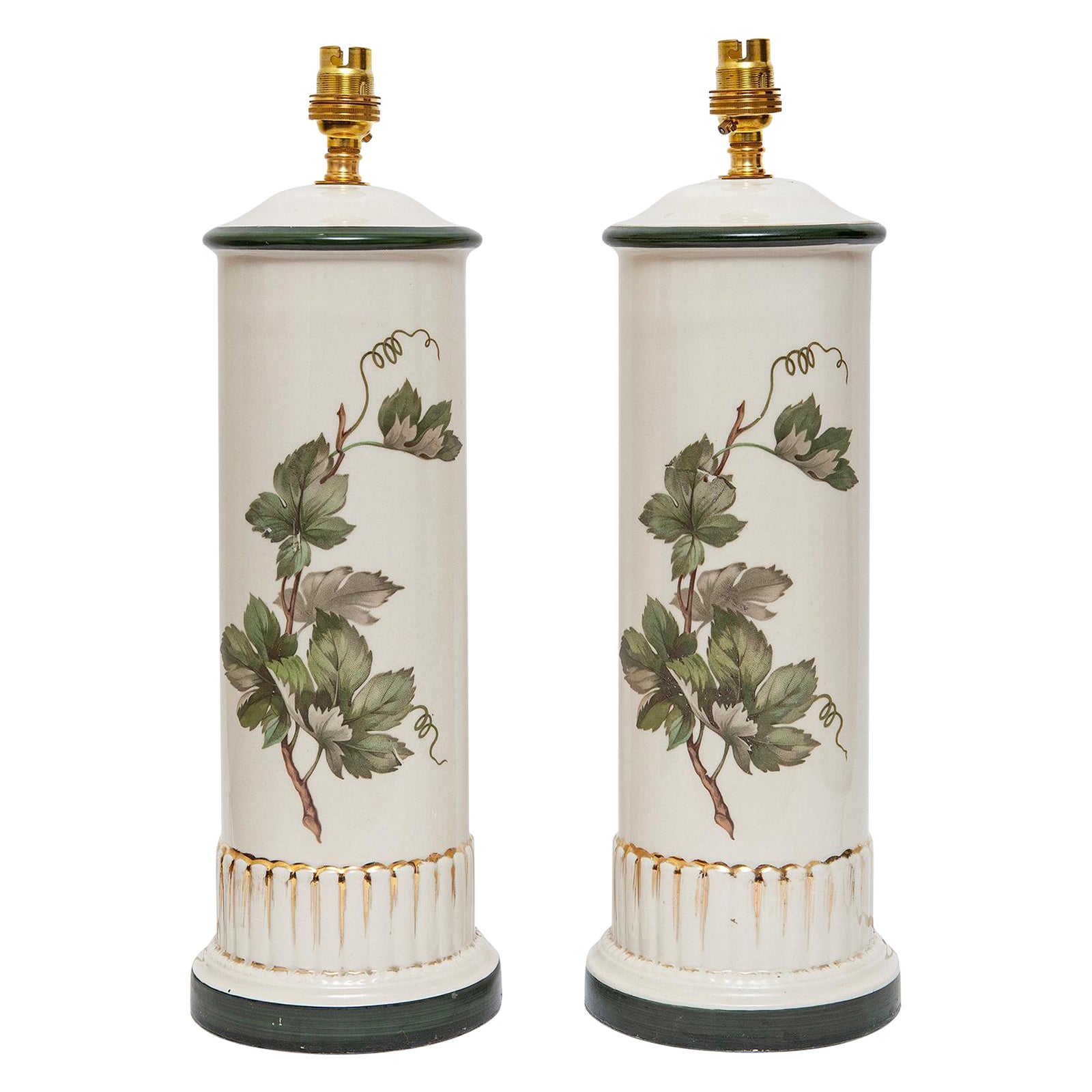 Lamp table pair porcelain white green trailing leaf stems gilded 17" high natura For Sale