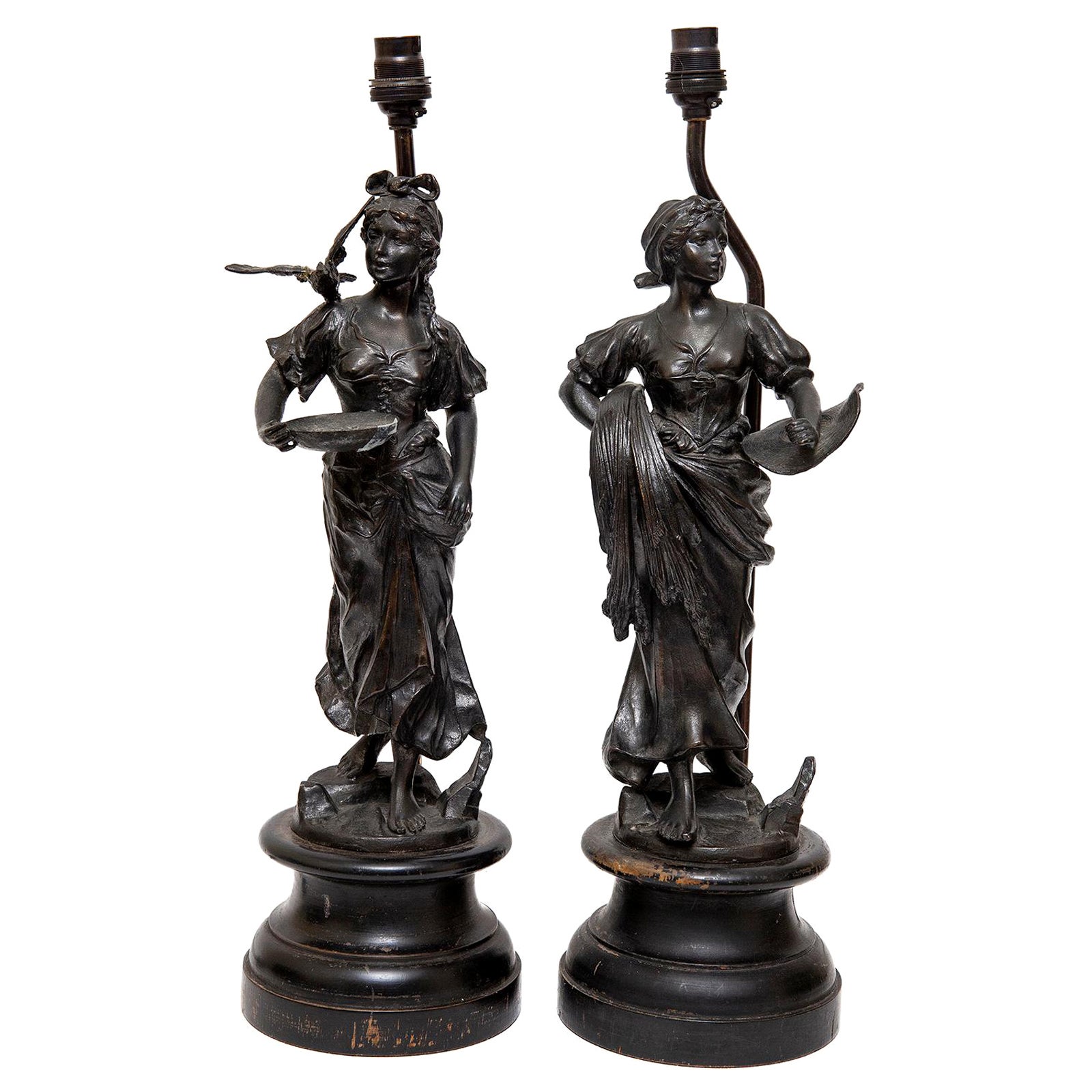 Lamp Table Pair Table Spelter Bronzed Shepherdess Pastoral Romantic For Sale