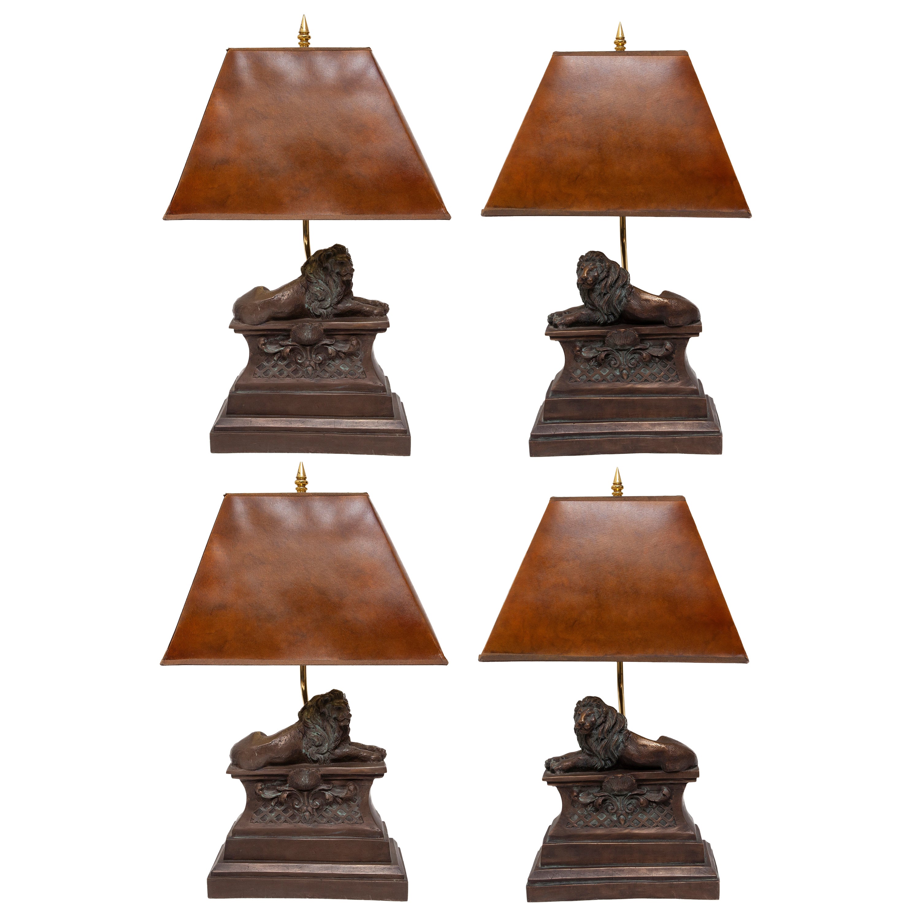 Lamp table set 4 four bronzed recumbent lion original tortoishell shade 14" high For Sale