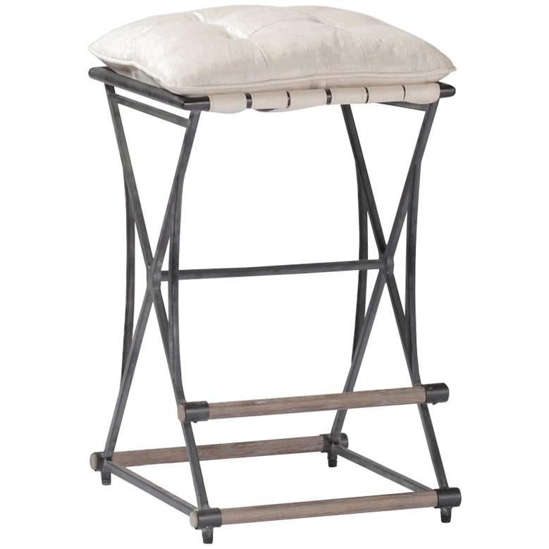 Chamois Linen and Iron Counter Stool For Sale