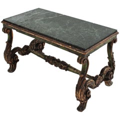 Antique Spanish Baroque Carved Wood Coffee Table with Green Marble Top