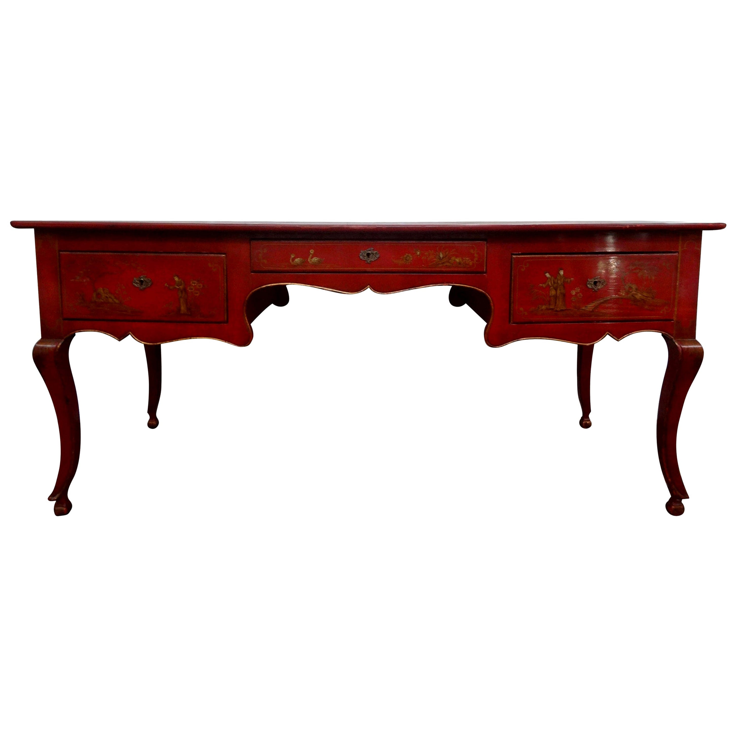  French Louis XV Style Chinoiserie Desk or Bureau Plat By Baker