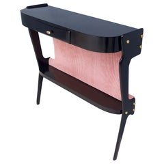 Table console vintage en hêtre ébénisé et velours rose pâle, Italie