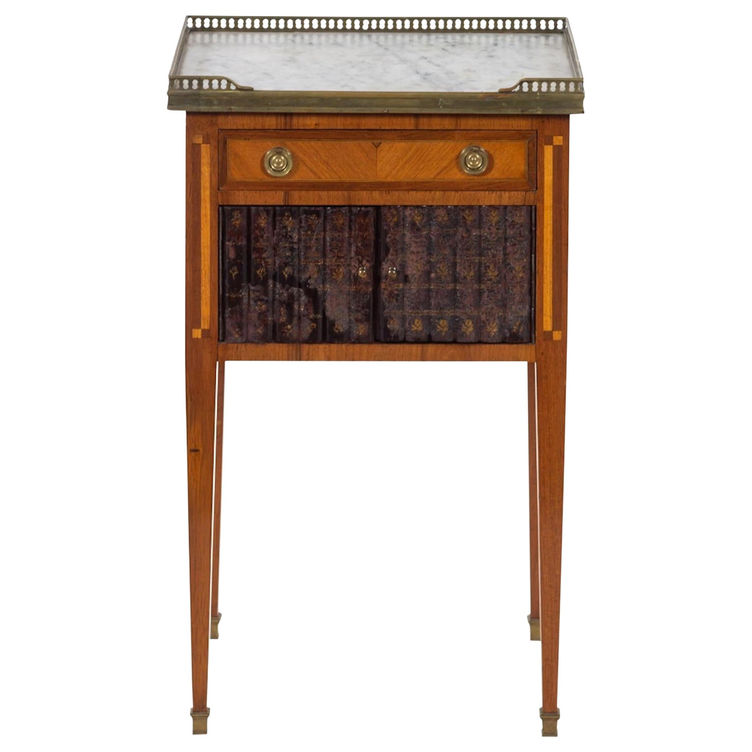 Charming 19th Century Side Table, Faux Book Doors, Marble Top, Brass Gallery For Sale