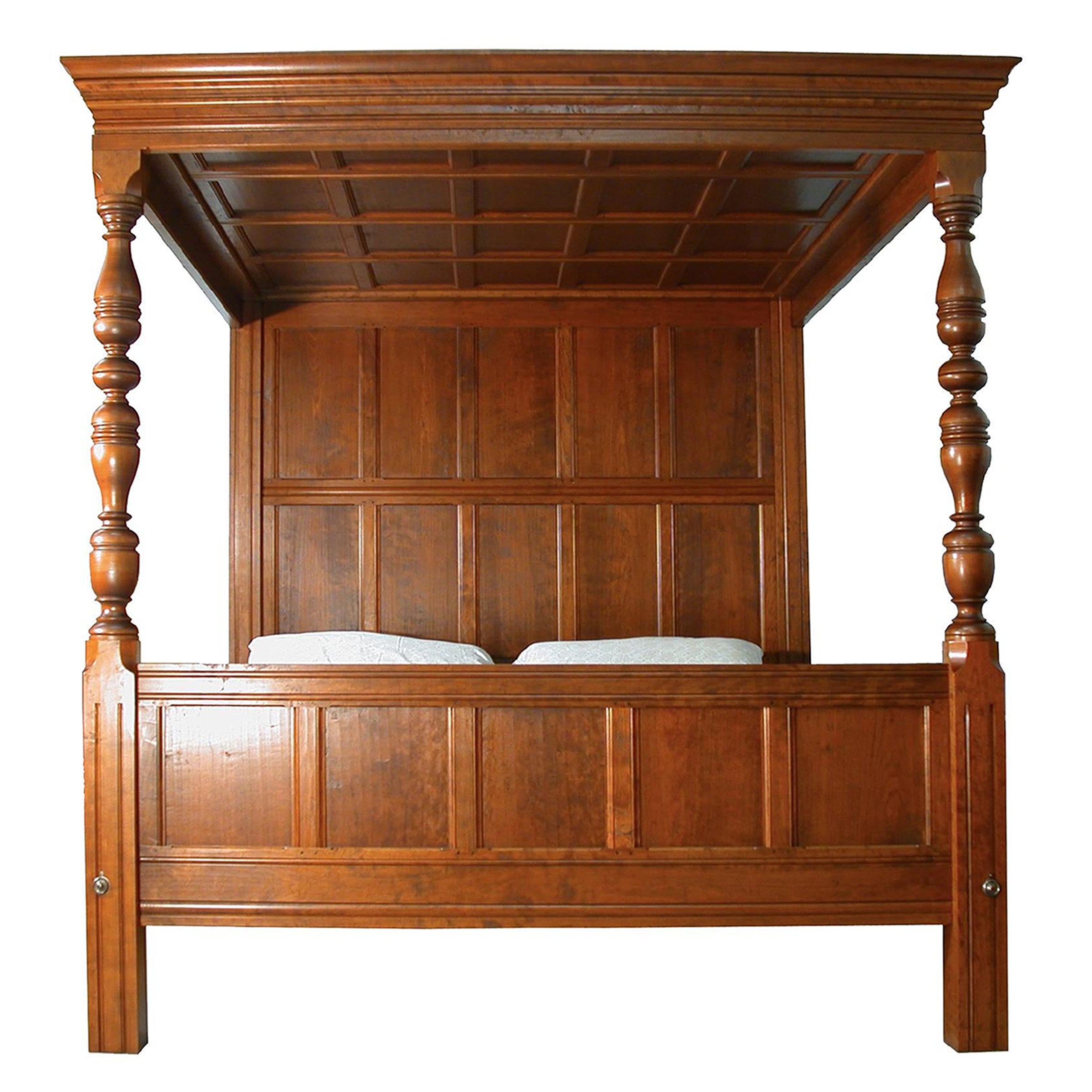 Tudor Bed in Traditional Stained Solid Cherry with Paneled Headboard and Ceiling For Sale