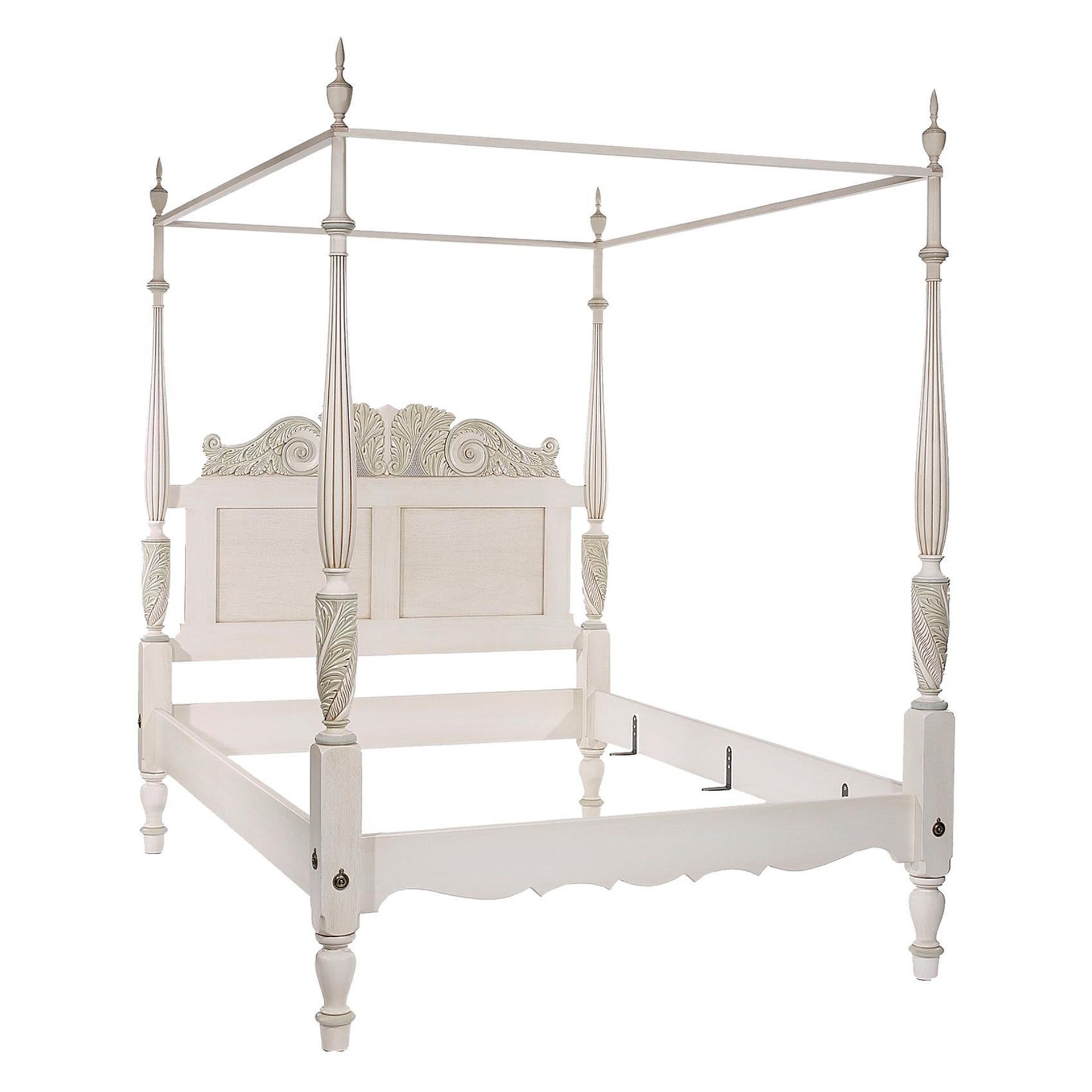 Antiqued White Mahogany Four Poster Bed with Reeded Posts and Carved Headboard For Sale