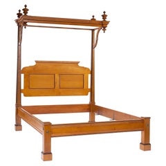 Dramatic Architectural Bed in Honey Maple Stain with a Half Cornice Valence