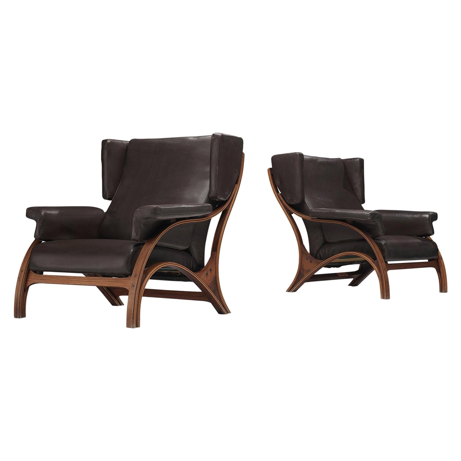 Giampiero Vitelli Pair of Wingback Chairs in Brown Leather For Sale