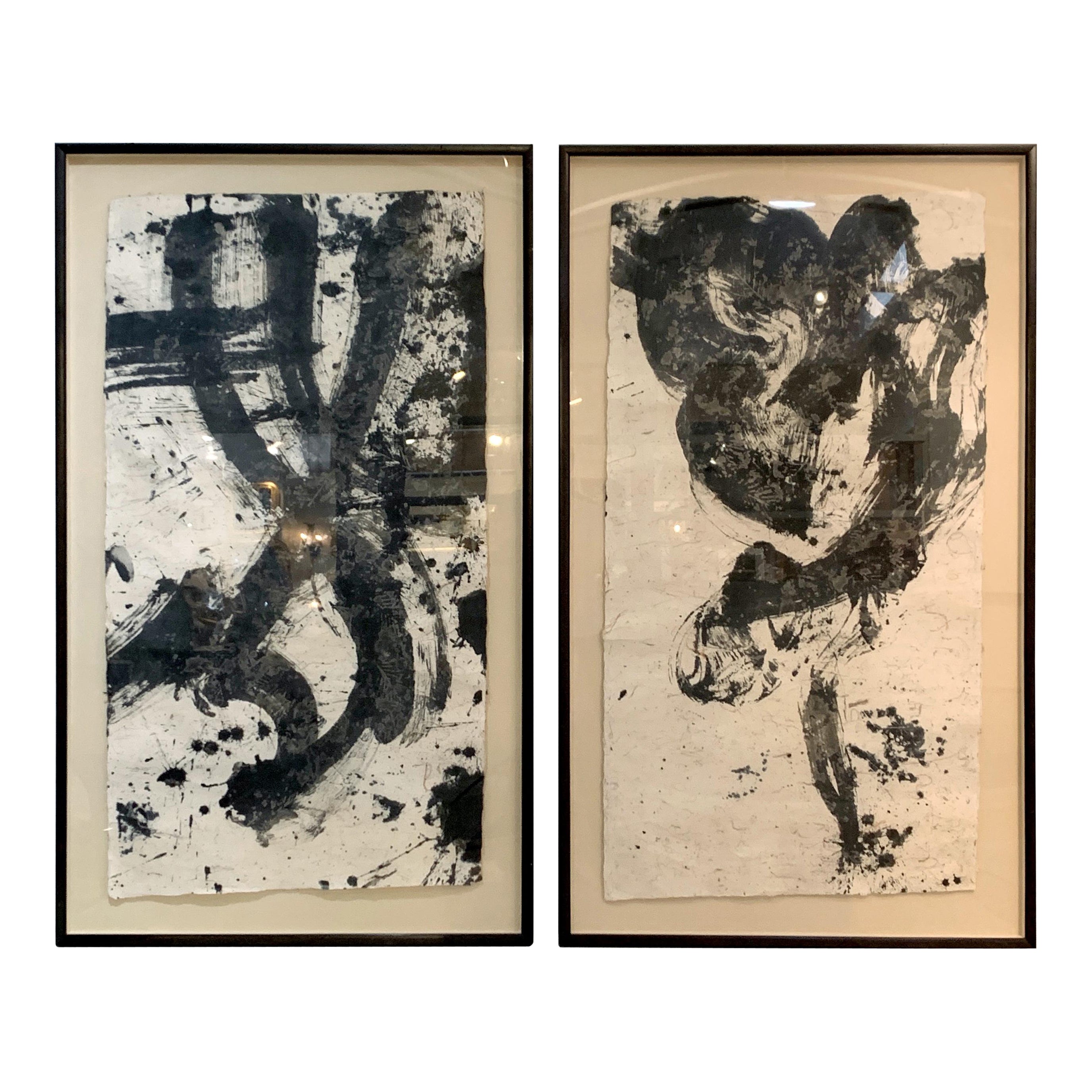 Pair Large Framed Japanese Calligraphy "Dragon" & "Tiger", Mid 20th Century For Sale