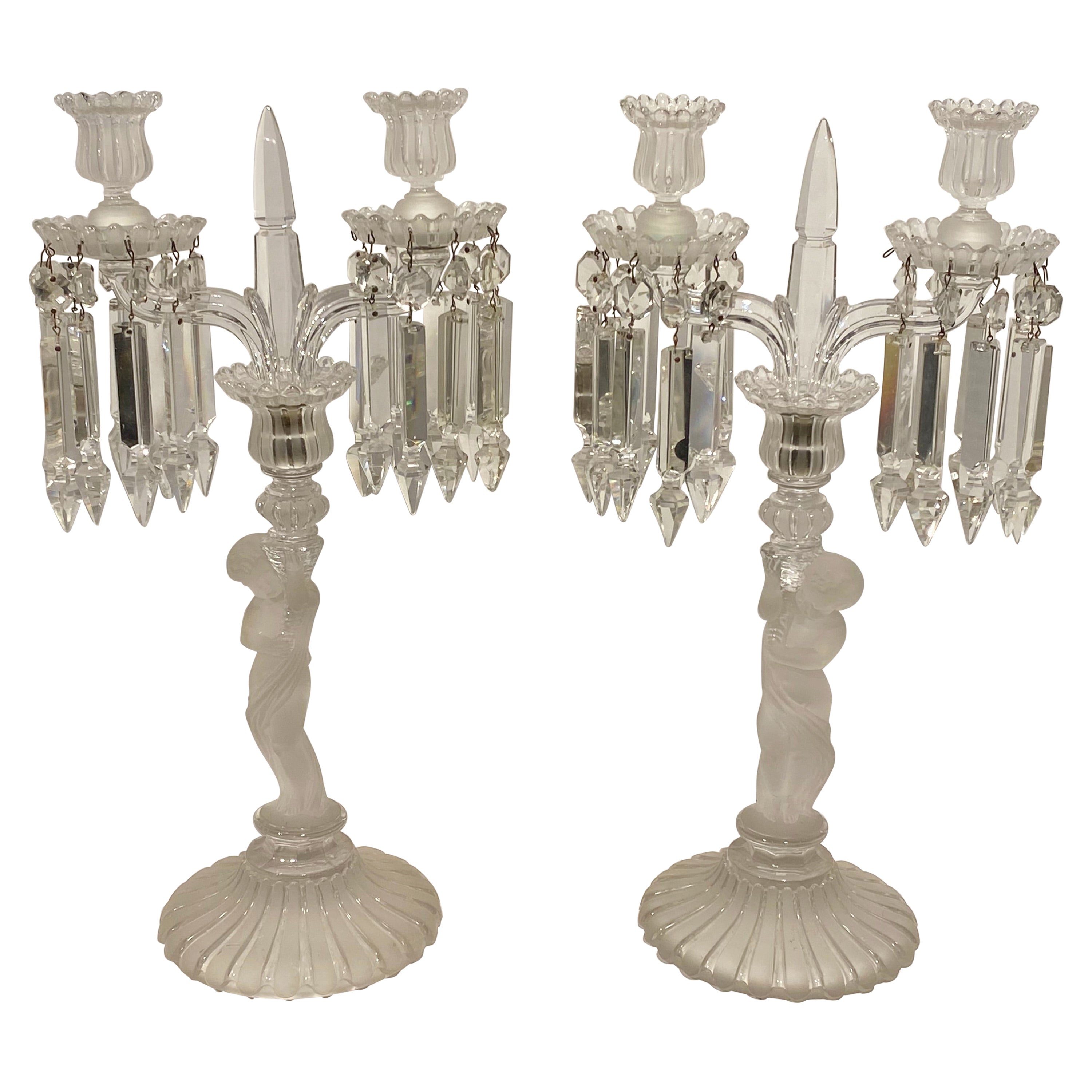 Pair of Baccarat Style Clear and Ruby Glass Hurricane Candelabra For