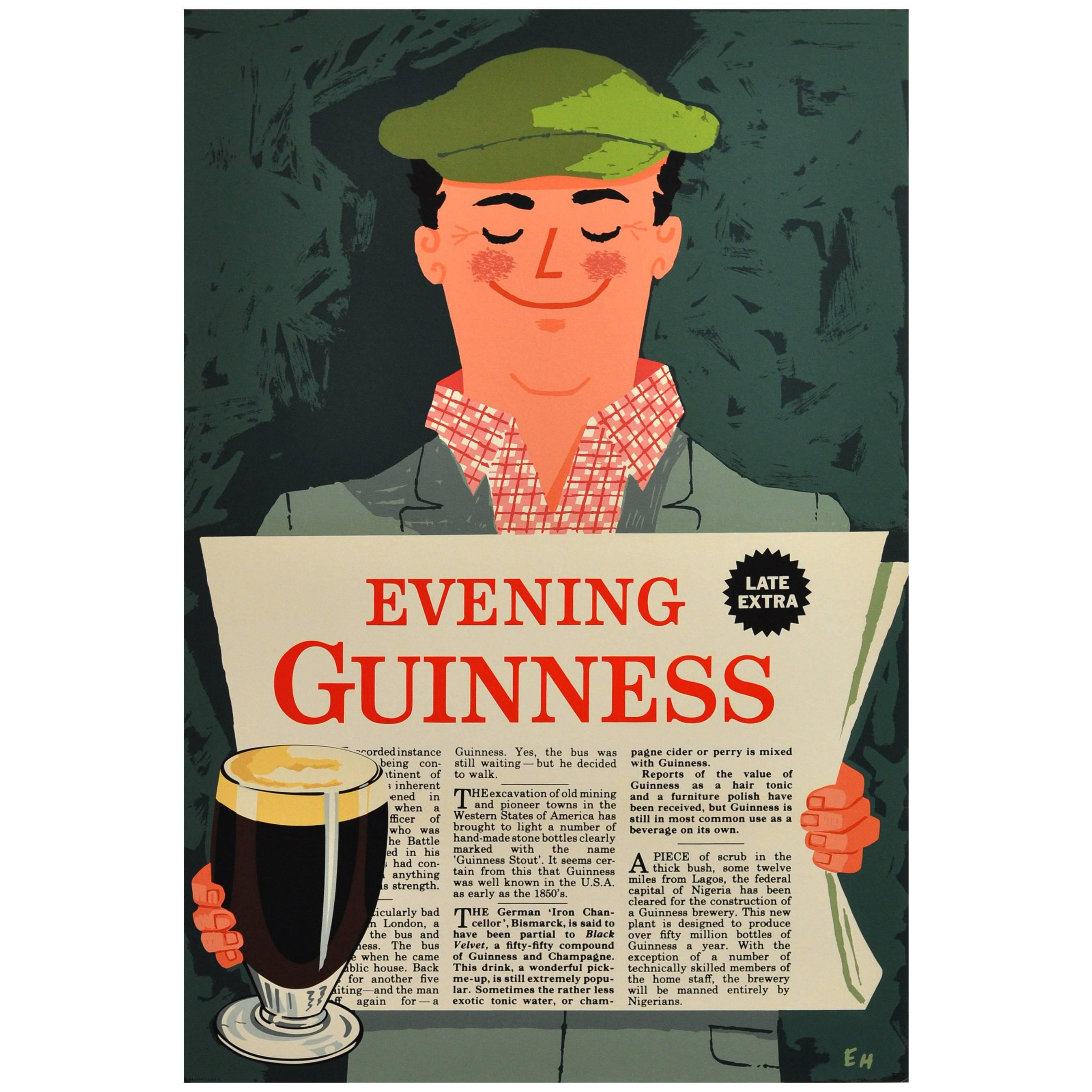 Original Vintage Guinness Stout Advertising Poster "Evening Guinness Newspaper"