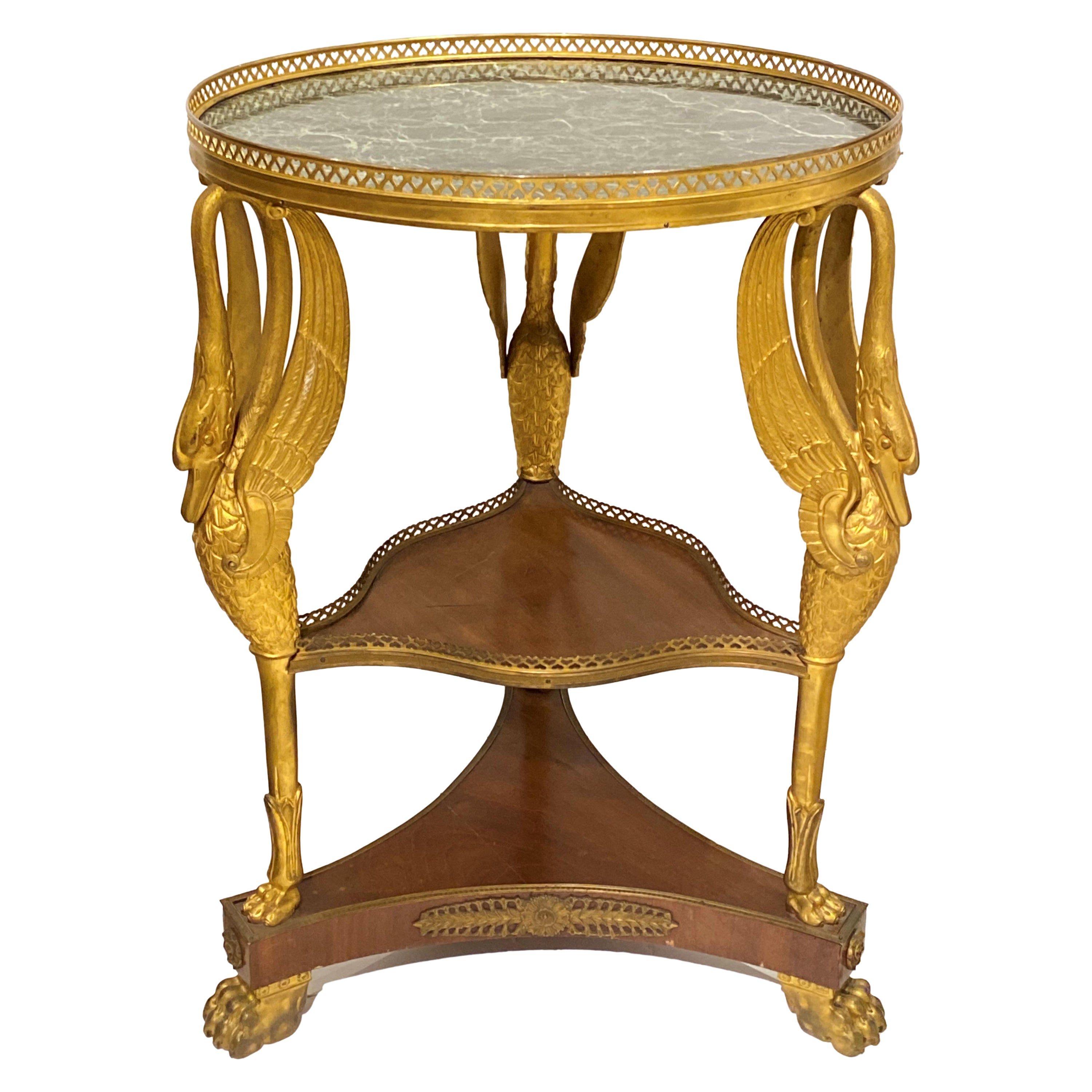 French Empire Style Gilt Bronze and Mahogany Marble-Top Gueridon Table