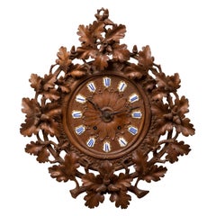 Antique 19th Century Swiss German Carved Black Forest Wall Clock with French Mechanism
