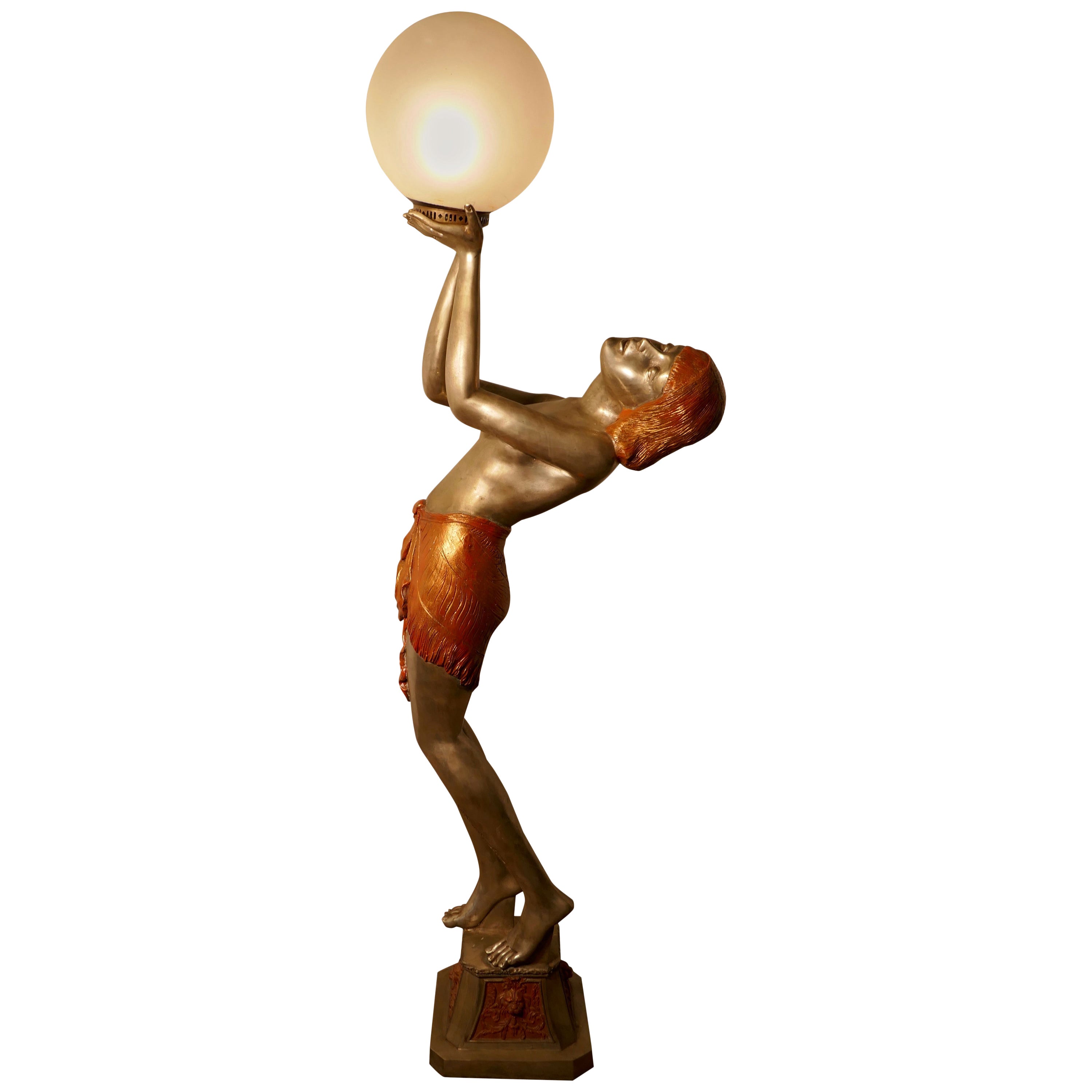Large Art Deco Style Bronze and Glass Lady Sculpture Floor Lamp after A