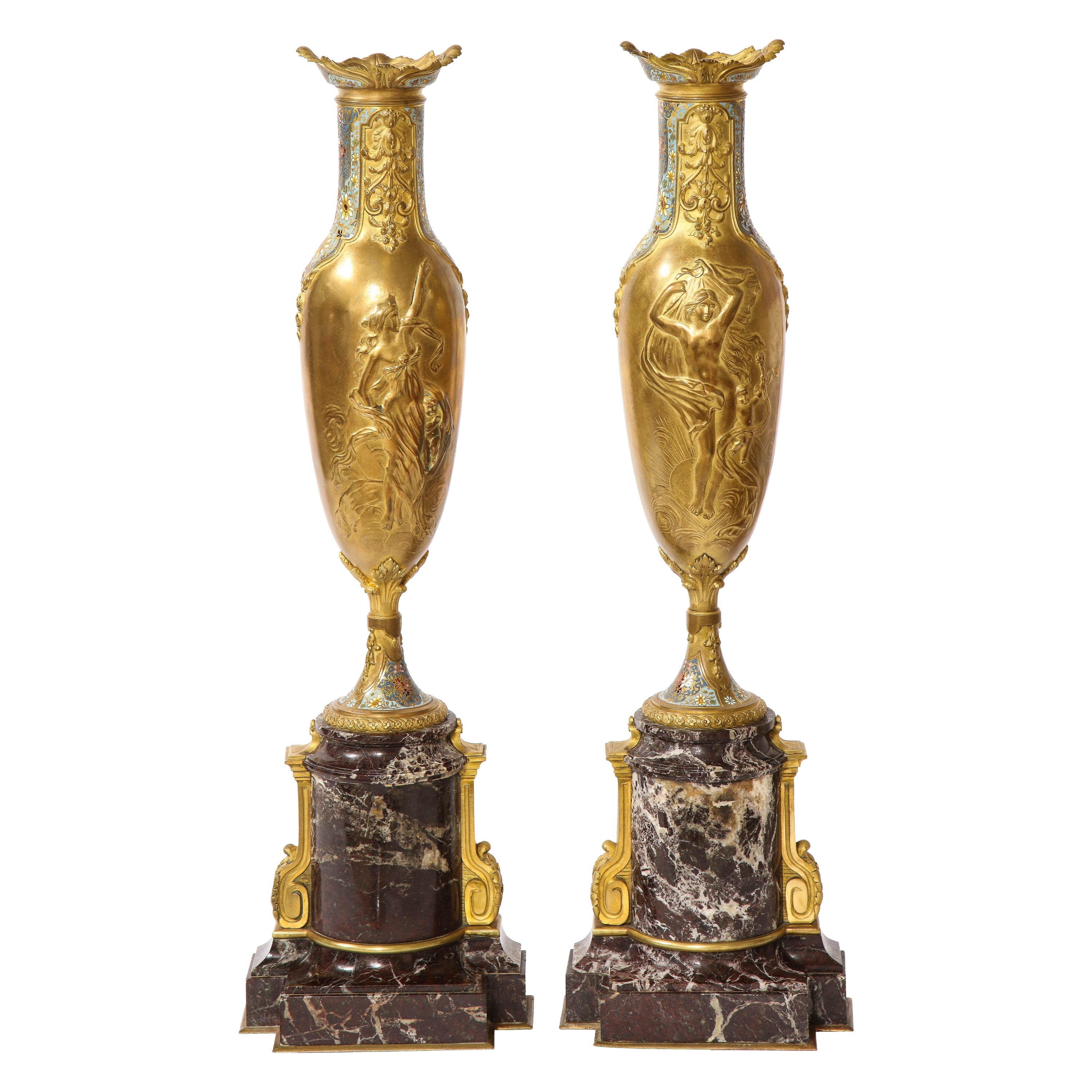 Pr. French 19th C. Louis XVI Style Dore Bronze Enamel & Marble Mtd. Vases For Sale