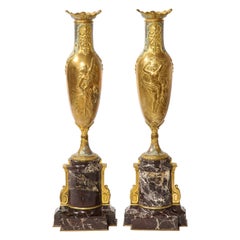 Antique Pr. French 19th C. Louis XVI Style Dore Bronze Enamel & Marble Mtd. Vases