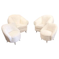 20th Century Italian Set of Four White Sheepskin Lounge Chairs by ISA Bergamo