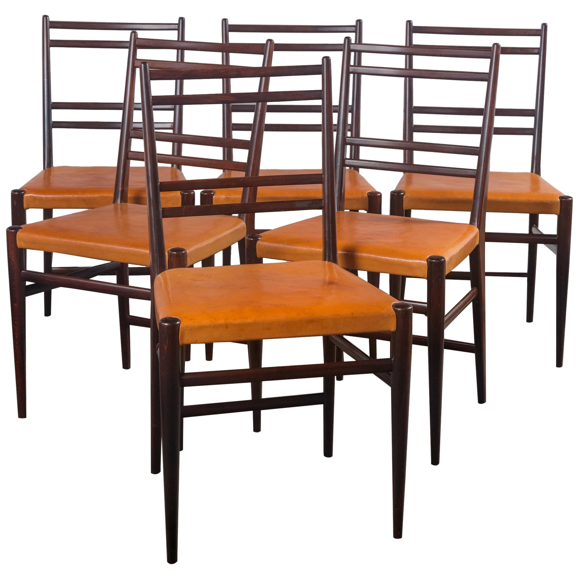 Swedish Mid-Century Brown Leather and Wood Dining Chairs, Set of 6 For Sale