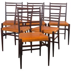 Swedish Mid-Century Brown Leather and Wood Dining Chairs, Set of 6