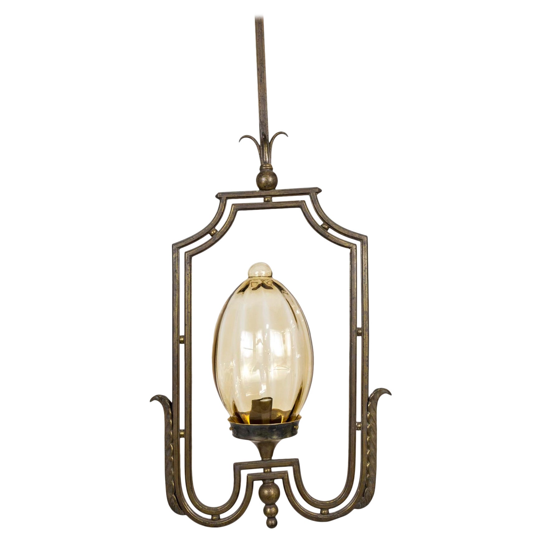 Grande pendente ovale in vetro Art Nouveau con cornice rettangolare stilizzata in vendita