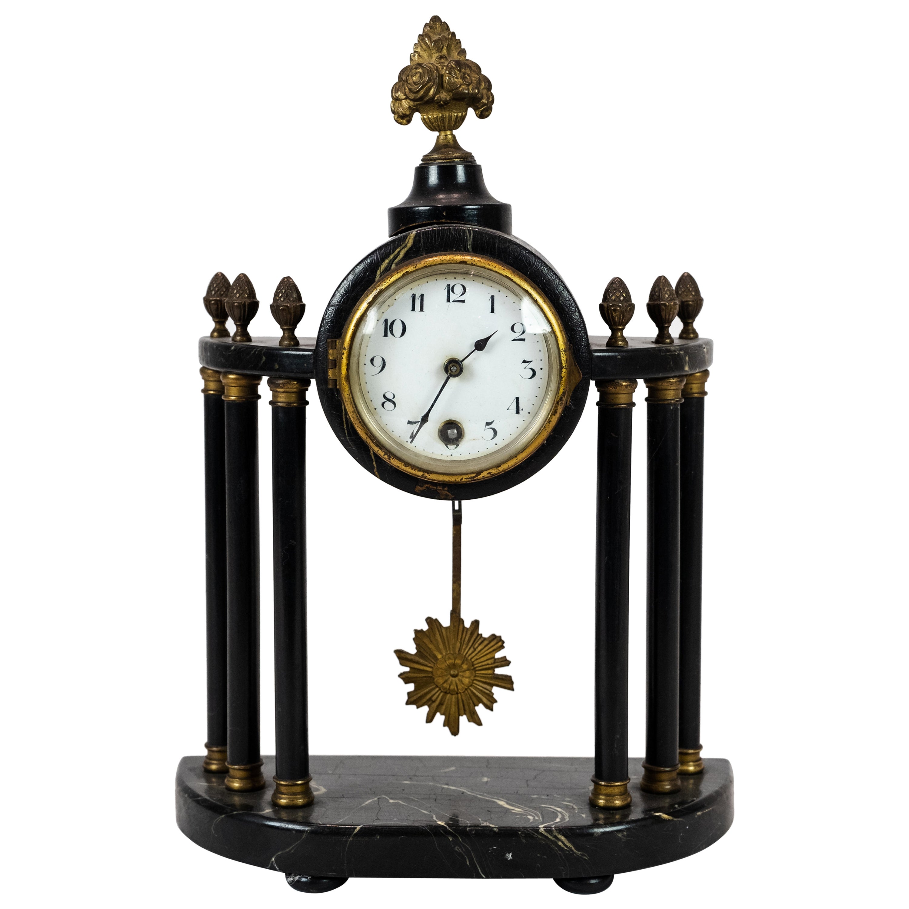 French Fireplace Clock of Marble and Bronze, and Decorated with