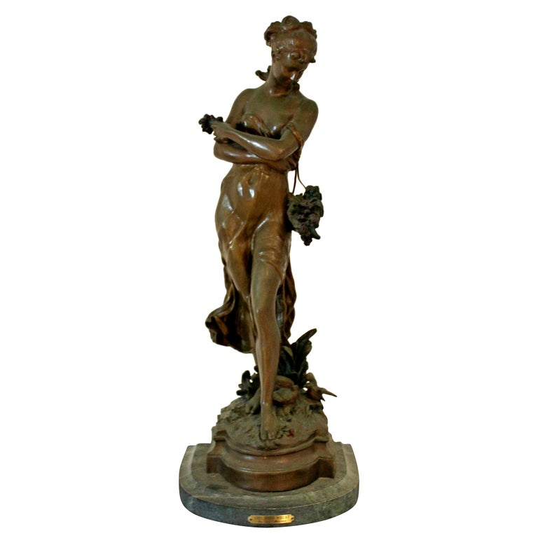 Bronze Table Sculpture on Marble Girl with Wheat by Louis Moreau Reproduction  For Sale at 1stDibs