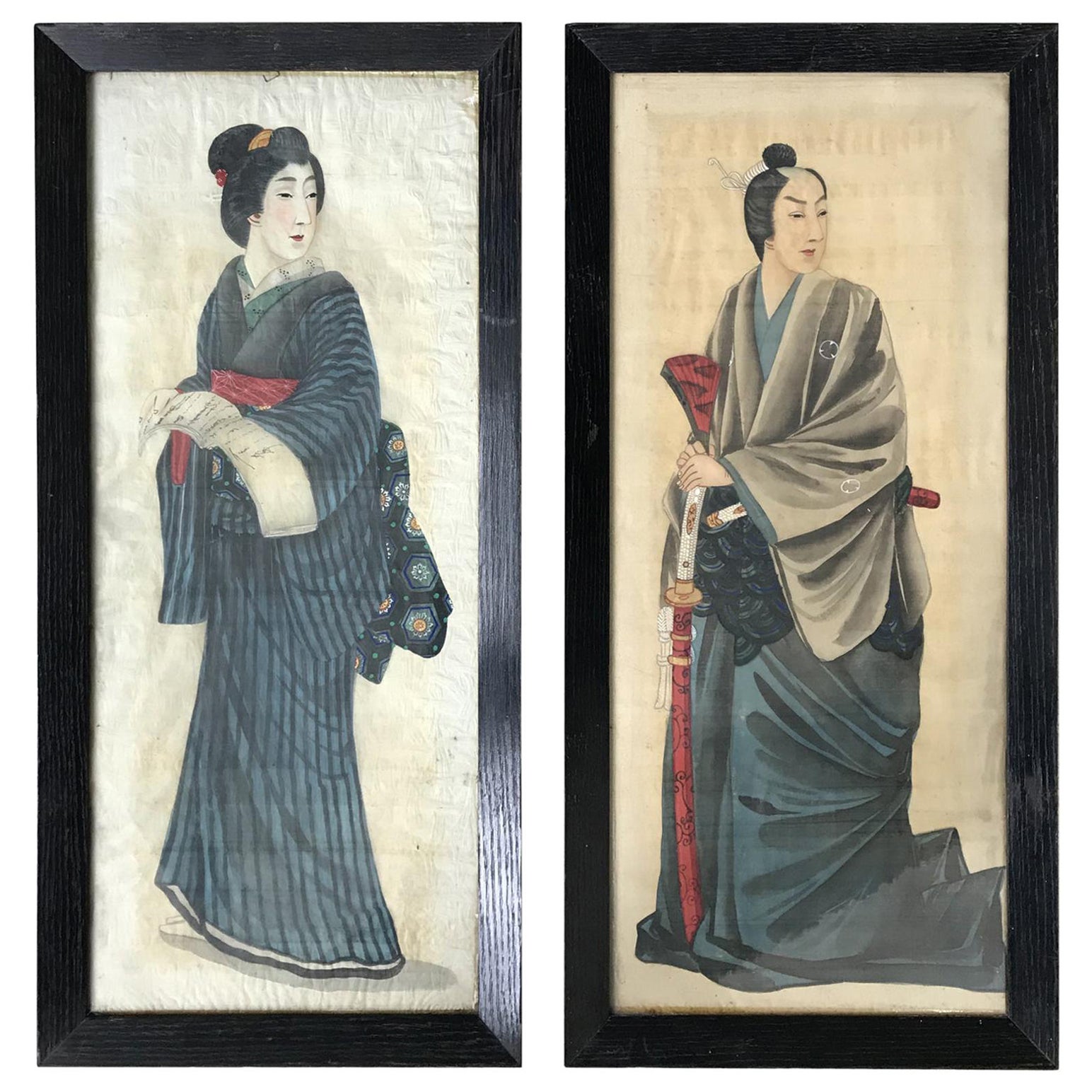 Pair of Early 20th Century Japanese Costume Portraits Painted on Silk For Sale