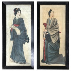 Pair of Early 20th Century Japanese Costume Portraits Painted on Silk