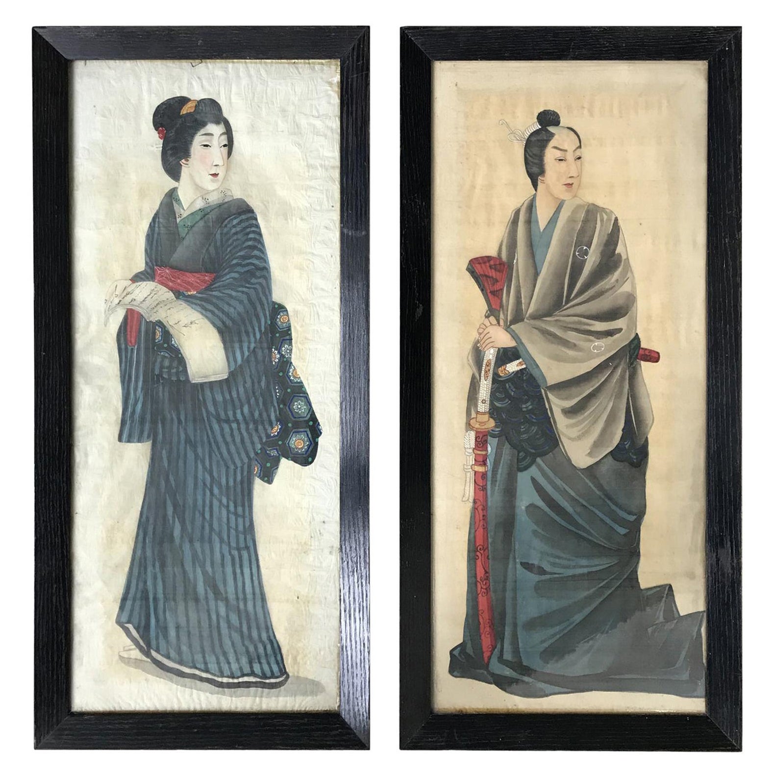 Paire de portraits de costume japonais peints sur soie, années 1920