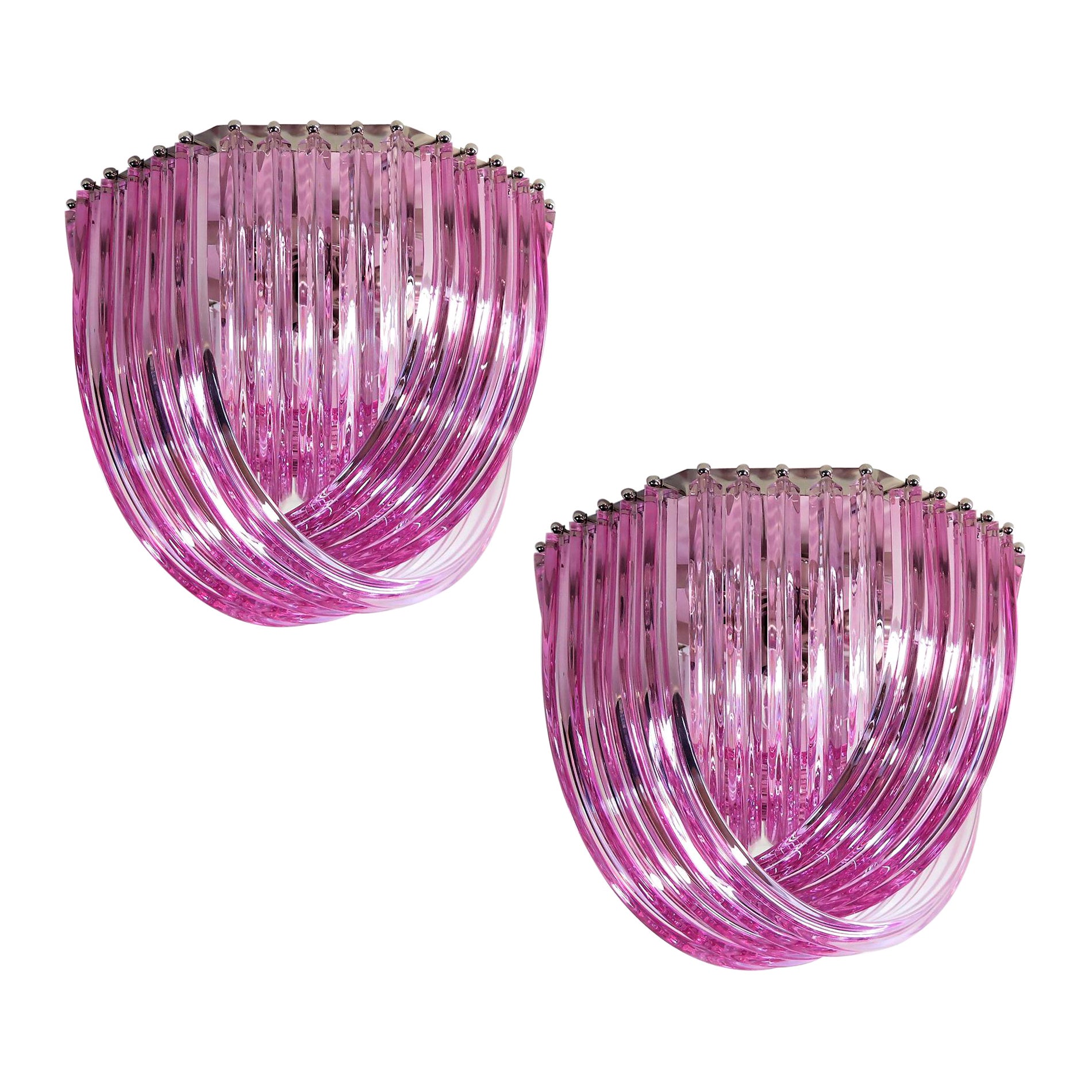 Pair Murano Ceiling Linght Chandeliers, Pink Triedri, 20 Murano Glasses For Sale