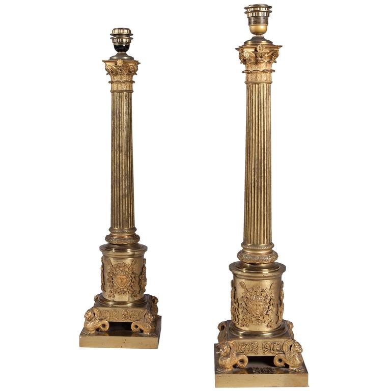 Monumental Pair of Very High Quality Gilt Bronze Column Lamps 