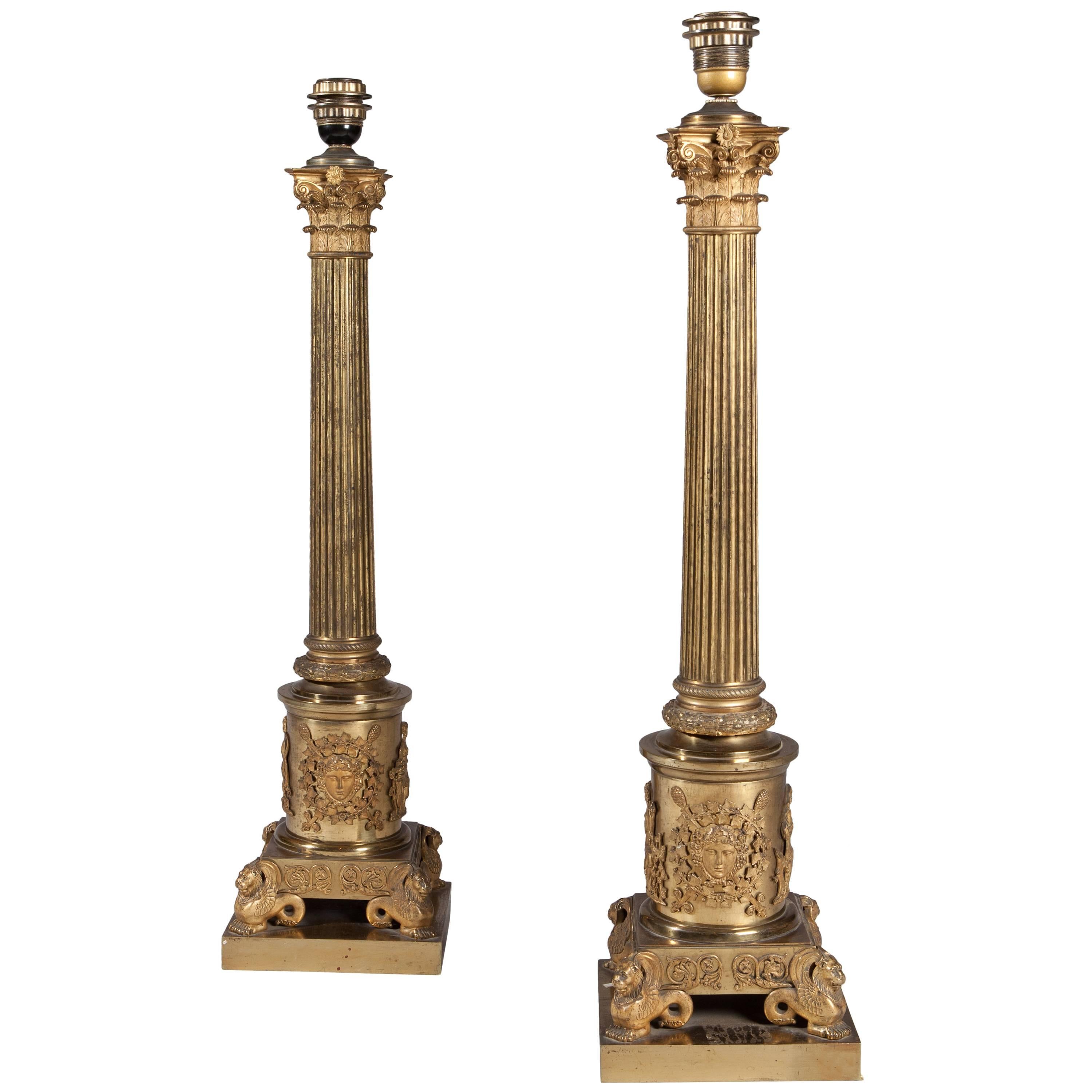 Monumental Pair of Very High Quality Gilt Bronze Column Lamps  For Sale