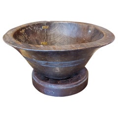19th Century Turkish Dark Brown Walnut Bowl with Cut Decoration on Stand